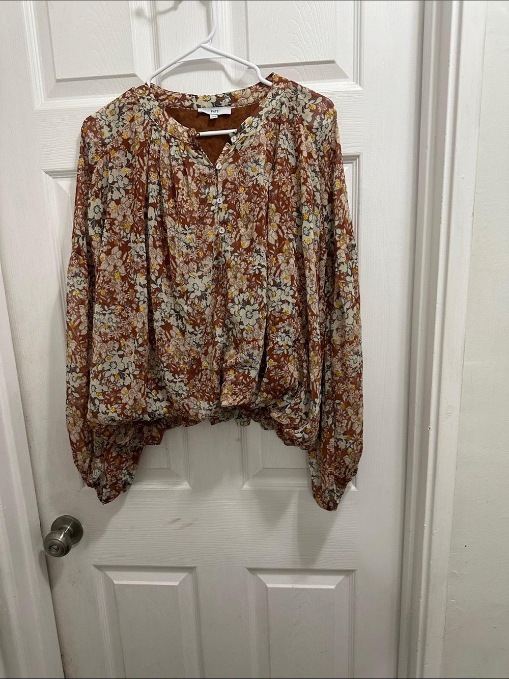 Fate Rust Floral Button-Front Peasant Blouse